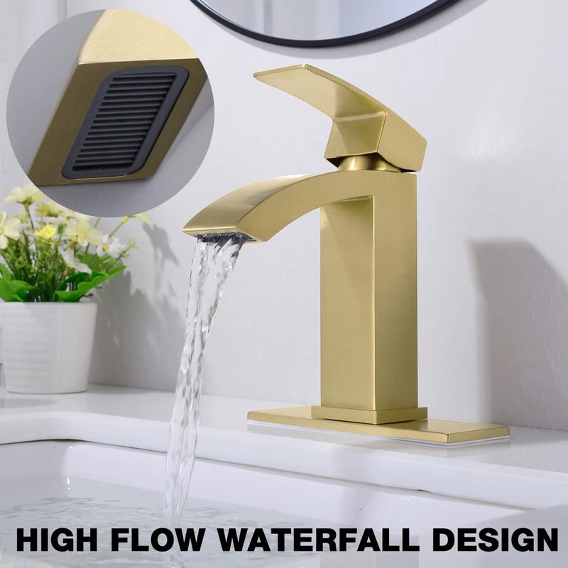 TRUSTMI Single Hole Bathroom Faucet Brass Square Waterfall Bathroom Sink Faucet with 6" Deck Plate and Overflow Drain, Brushed Gold - Image 3